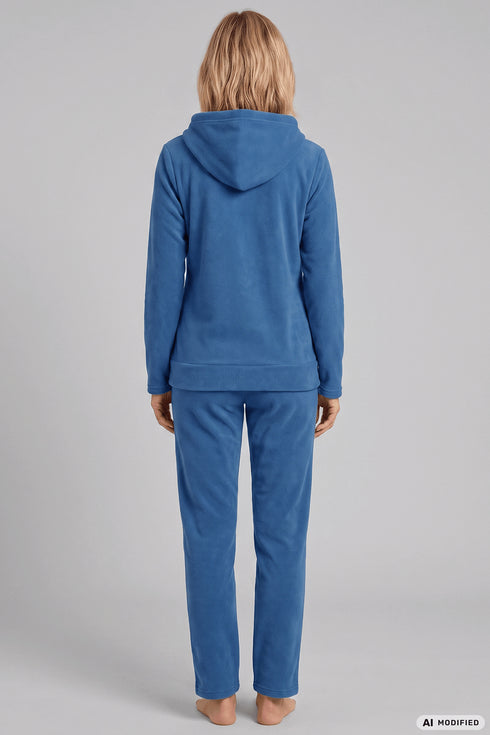 Rösch Damen Fleece-Pyjama mit Kapuze und Reißverschluss Deep Ocean