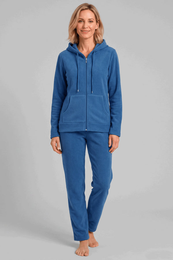 Rösch Damen Fleece-Pyjama mit Kapuze und Reißverschluss Deep Ocean