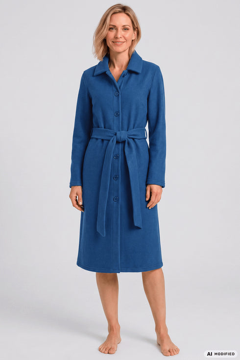 Rösch Damen Fleece-Morgenmantel mit Gürtel Deep Ocean