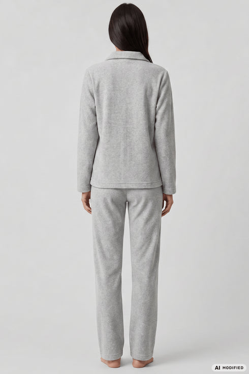 Féraud Damen Fleece-Pyjama mit Knopfleiste Heather Grey