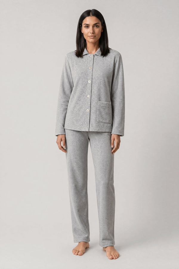 Féraud Damen Fleece-Pyjama mit Knopfleiste Heather Grey