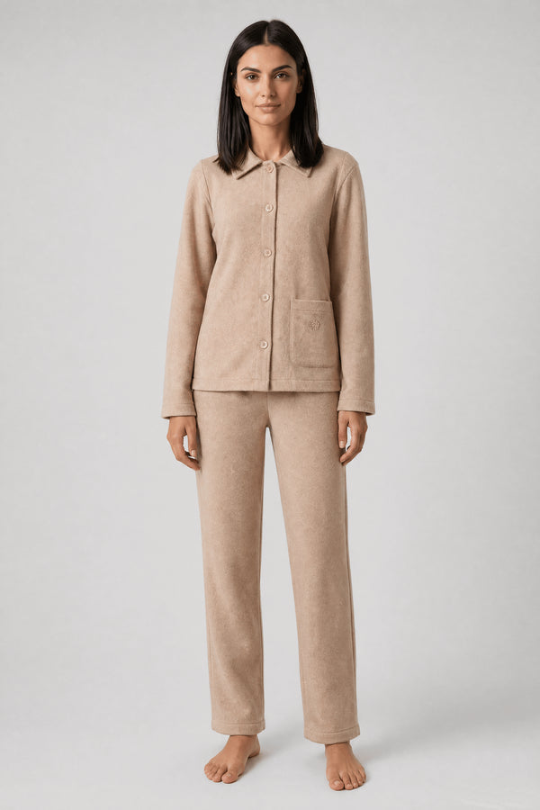Féraud Damen Fleece-Pyjama mit Knopfleiste Heather Nature