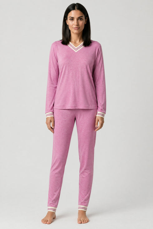 Féraud Damen Langarm-Pyjama Modal Reverskragen Pink