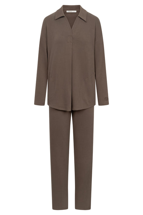 Féraud Damen Strick-Pyjama mit Taschen Chocolate